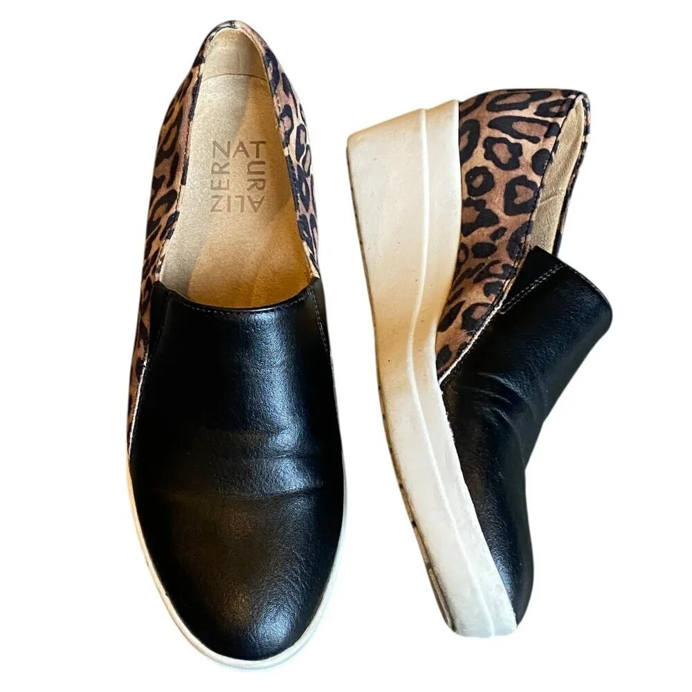 NATURALIZER Sandra Black Leopard Wedge Shoes Women 6-1/2M‎ #268M